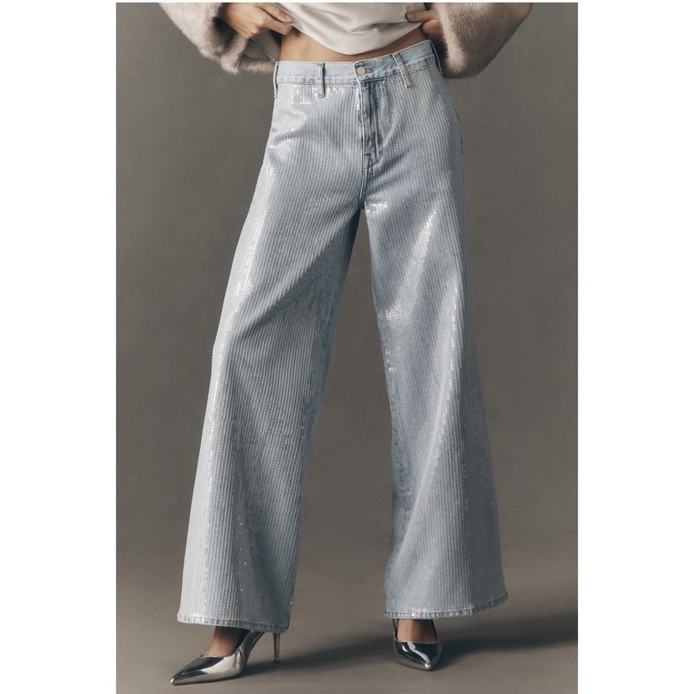 NWT Pilcro Sequin Skater High-Rise Wide-Leg Jeans Sz 30 - Light Demin Color $198